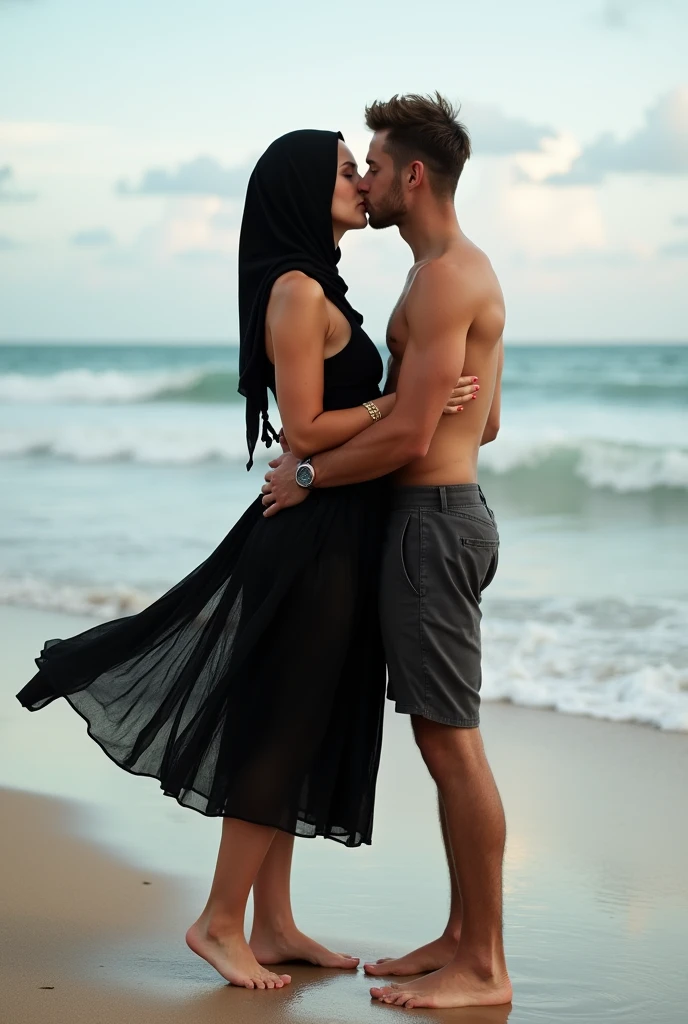 with black headscarf , black skirt,barefoot, skinny woman kissing her boyfriend on the beach