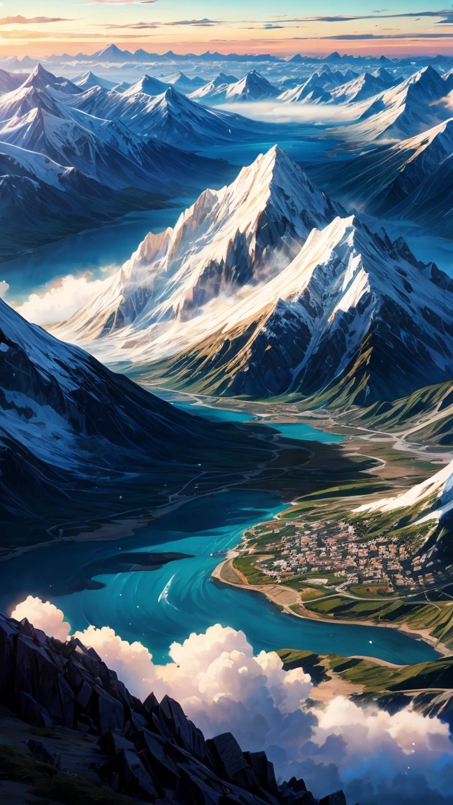 Anime landscape of the mountains and a town near it , 8k , unrealistic, high quality 