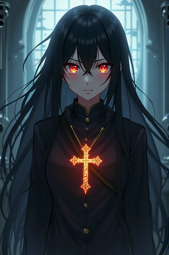 An anime character with a youthful appearance with long black hair, fiery eyes and a cross on his chest.