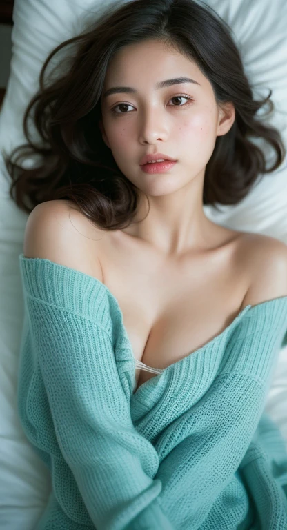 masterpiece , best quality, Extremely detailed, photo, Extremely delicate and beautiful,high resolution, 1 Girl, 25 years old, Japanese Beauty, Small ???????, Full lips, curls,short hair, There is a small mole under the eye, Delicate eyes,Detailed facial features, Detailed weapons,Delicate fingers,Detailed legs, bedroom,Sleeping in bed, Off-shoulder sweater, Perfect dynamic composition, Beautiful Delicate eyes , Beach, ???? face, His face was filled with ???????, ((Facial expressions during ?????? desire)), ((Facial sensation)), (Blu-ray), Film Grain, SLR camera, 35mm lens focal length