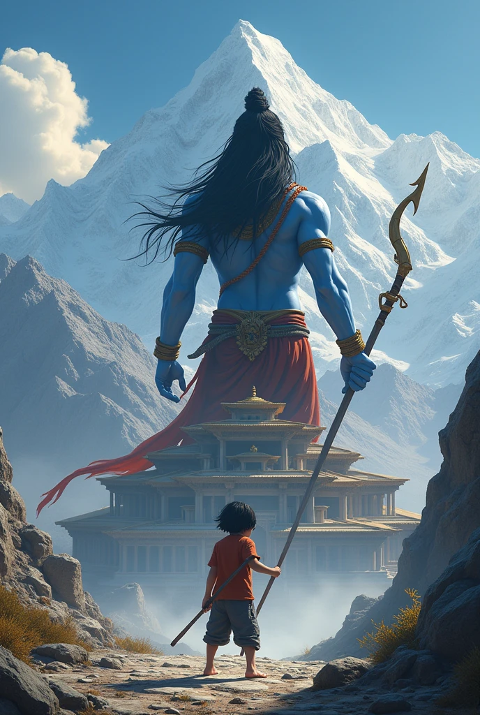 A small boy with medium hair stops lord Shiva from entering into a palace in Himalayas
Boy has stick with one hand and stops lord Shiva fromm the other hand