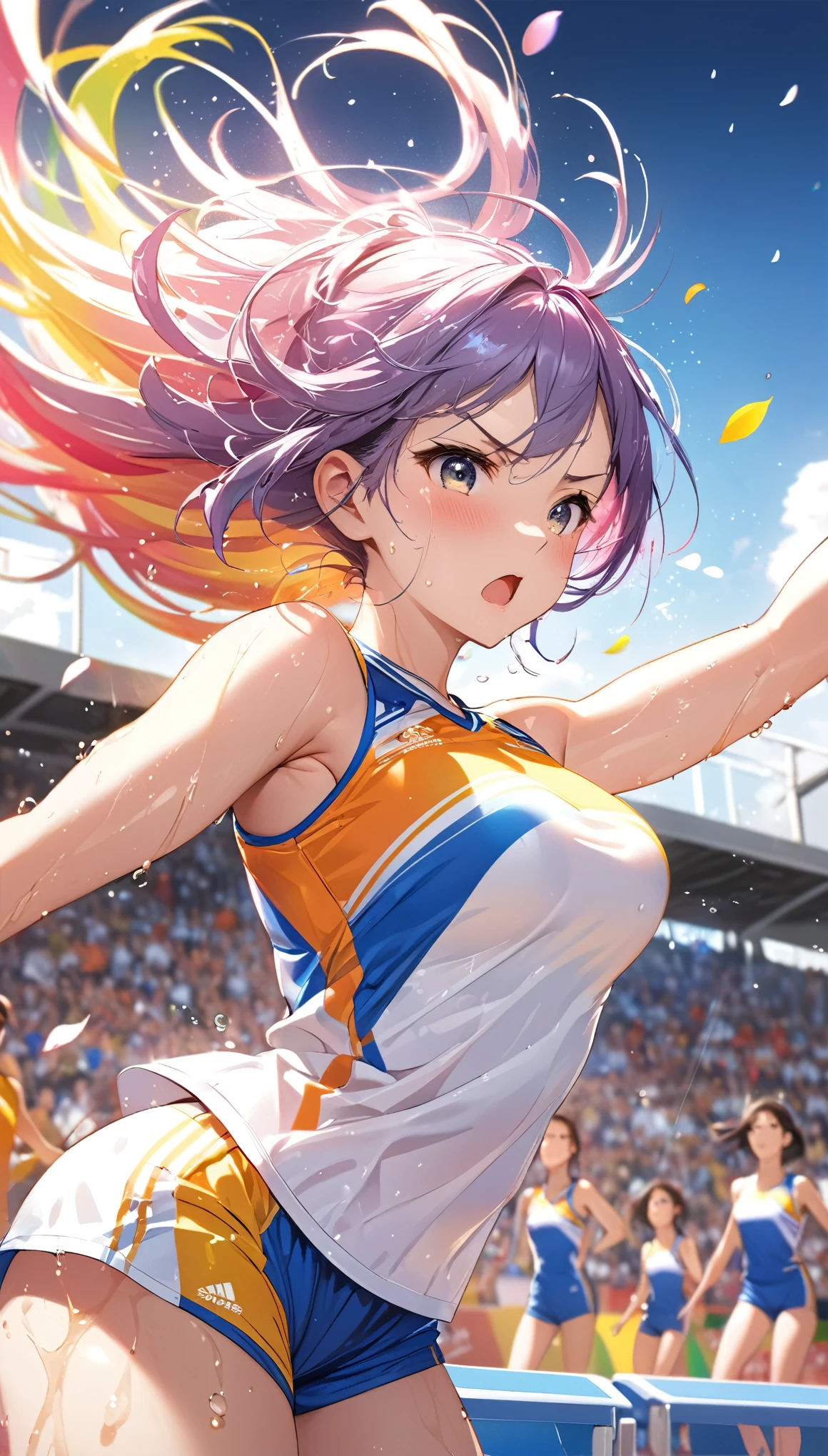 (Sports magazine cover photo), Highest quality, Great quality, 16K, Unbelievably absurd, Very detailed, delicate and dynamic, Natural light, The particles reflect light, Diffuse reflection of light, Many rainbow-colored petals fall, Beautiful truck studium, Sparkling Sun, Diffuse reflection of light, Create amazing image effects, , Wet, sweating, high jump competition, Close-up(Cute sexy girl, big bouncing busts, Sensual expression, Cool girl, Serious, passion, Dynamic, Flashy track and field uniform, audience , much-air-laden cheer)