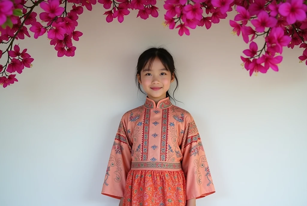 A beautiful Myanmar girl wearing Burmese Traditional attire standing against a white wall with Bougainvillea flowers