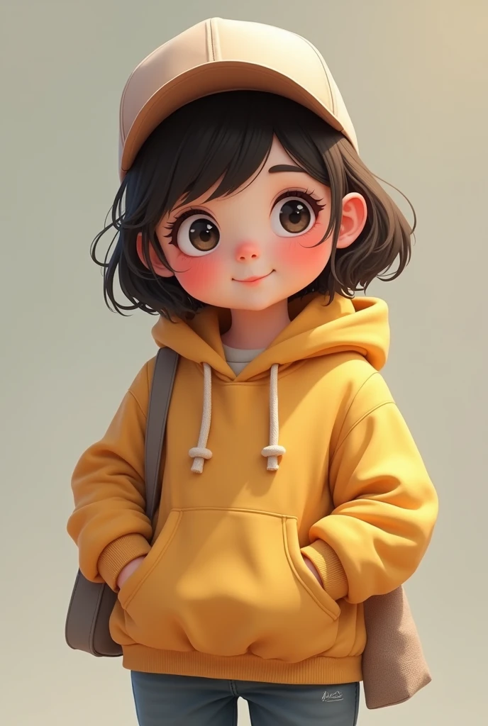 A chubby girl wearing hoodie, cap, bag
