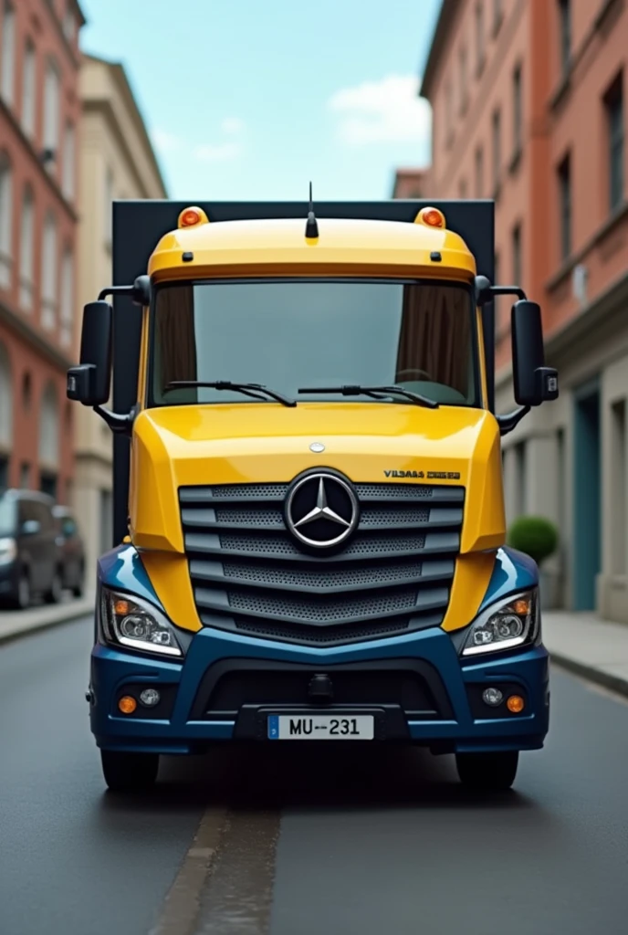 a Minions with a black yellow and blue Mercedes truck