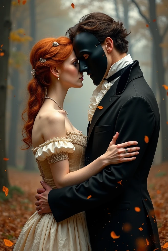 Create a romance book cover for a 19th century couple, redheaded woman, short woman in elegant period dress man with some burn scars on his neck and wearing a black Phantom of the Opera style mask, dark hair and burns on the hand in the background a forest with some fire elements neutral and warm colors 