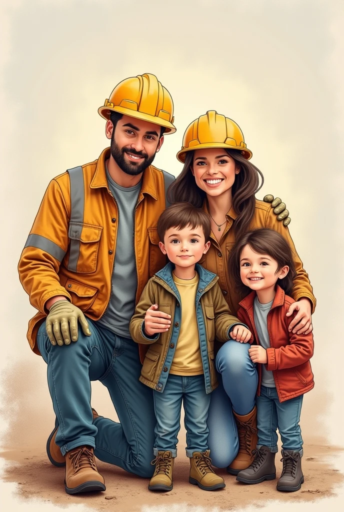Family drawing of husband working in mining with his 6 daughter, his 3-year-old and wife, the four embraced and loved