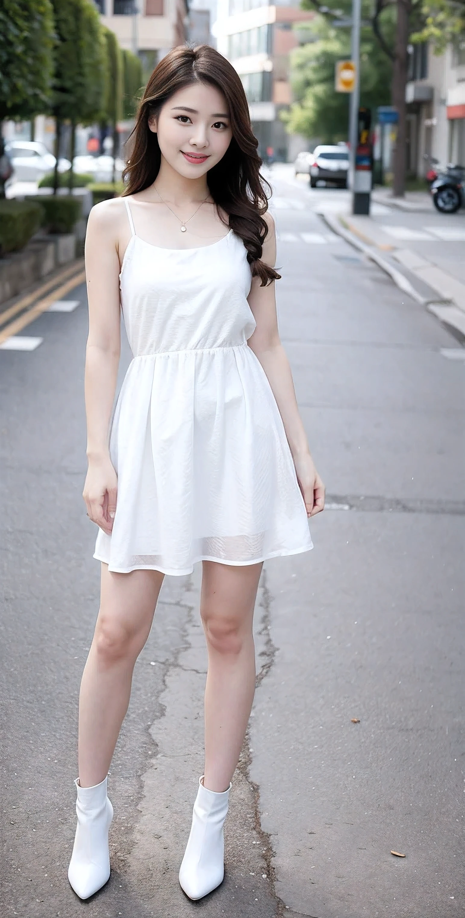 1girl, solo, long hair, looking at viewer, smile, brown hair, dress, brown eyes, standing, full body, outdoors, parted lips, shoes, sleeveless, day, white dress, lips, white footwear, realistic, road, street