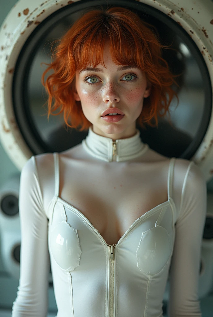 Ginger girl in a white latex combinaison, with a black blindfold, tied up, with a ball in her mouth
