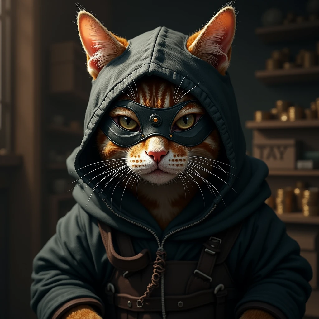 Create a realistic image of a cat portrayed as a 'dakat' (robber). The cat should be wearing a dark, rugged mask, similar to a traditional bandit's mask, with cutouts for the eyes and ears. The cat's expression should be intense and slightly mischievous, embodying the persona of a cunning thief. The setting should be a dimly lit, shadowy environment, reminiscent of a hideout or a secret lair. The background can include subtle elements like a stack of stolen goods, coins, or old wooden crates to emphasize the dakat theme. The overall tone of the image should be gritty yet slightly humorous, blending realism with a touch of whimsy.