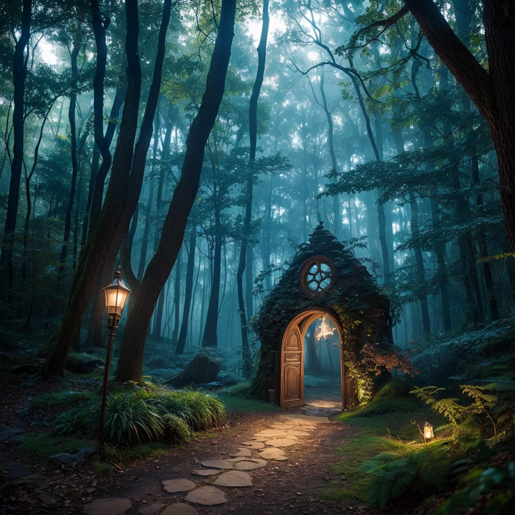 A magical forest at dawn, with a path leading to a glowing portal, symbolizing new opportunities and possibilities. A fairy-like creature stands by the portal, inviting the viewer to step through with the words "Believe in the Magic of New Beginnings" written in a whimsical font.