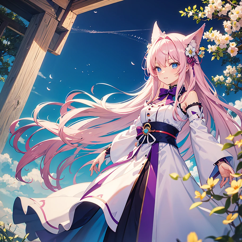 Woman with long pink hair and blue eyes. Cute white adventurer outfit with purple details and red bow ((estilo genshi impact)) white flowers with a single blue petal