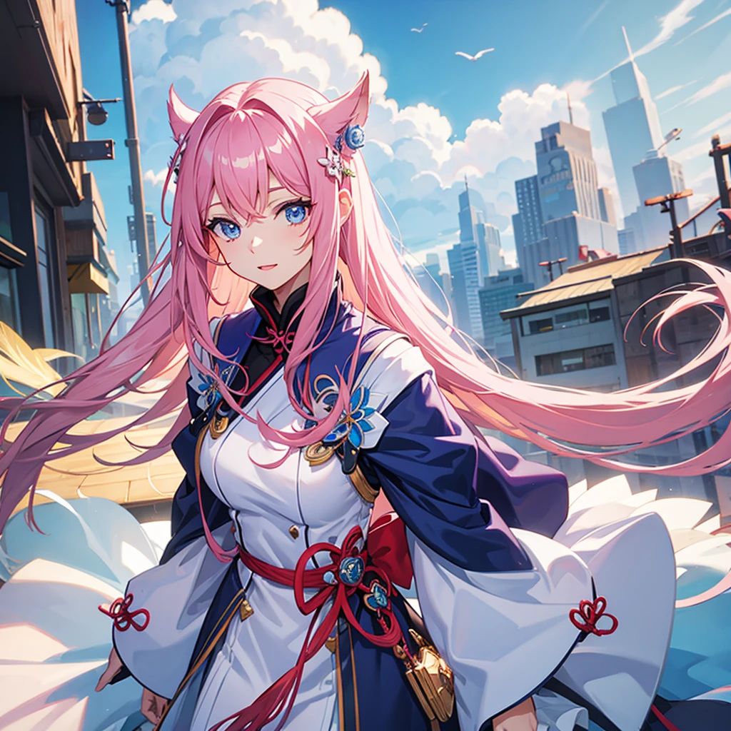 Woman with long pink hair and blue eyes. Cute white adventurer outfit with purple details and red bow ((estilo genshi impact)) white flowers with a single blue petal 