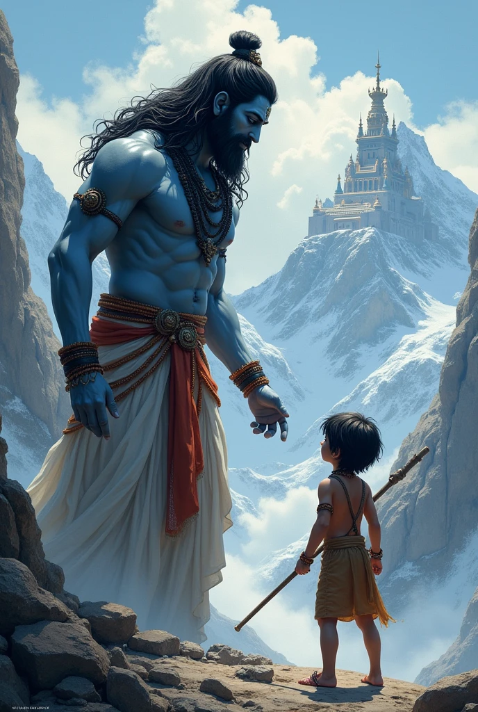 A  with medium hair stops lord Shiva from entering into a palace in Himalayas 
Boy has stick with one hand and stops lord Shiva fromm the other hand
