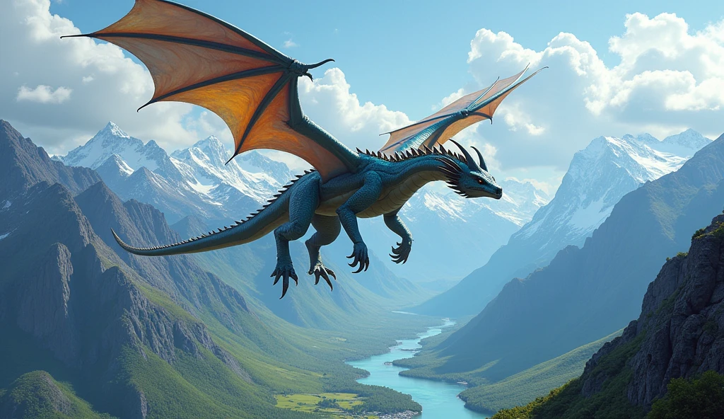 [[dragon, 4 legs, 2 wings]] flying above a mountain valley