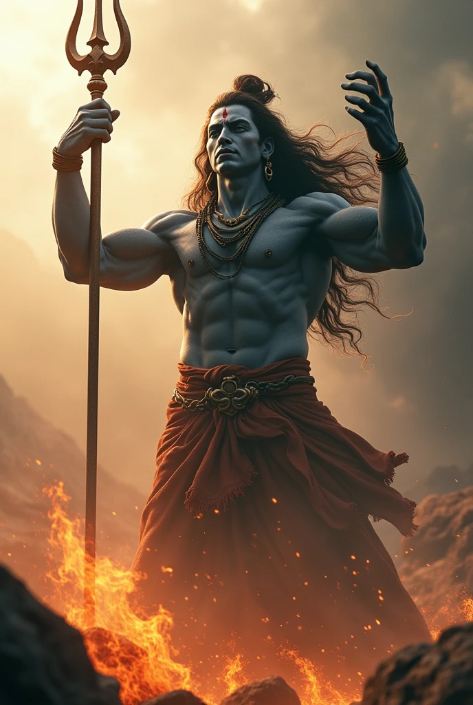 a powerful huge body, huge arms,  muscular lord shiva, day light, lord shiva, ((throwing trishul towards the viewer,)), closeup shot, extremely detailed skin and well detailed eyes (best quality,4k,8k,highres,masterpiece:1.2),ultra-detailed,(realistic,photorealistic,photo-realistic:1.37),dramatic lighting,cinematic composition,intricate details,vibrant colors,mystical atmosphere,  fire and foggy blurry environment , dynamic action 