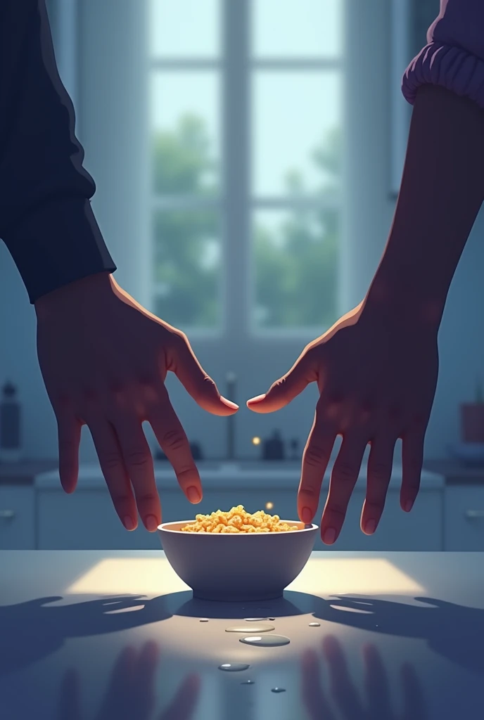 On the walking plan, there is a bowl of cereal on the table, a dripping drop of milk and a small puddle of milk under the bowl, two black silhouettes of hands rest on the table, male and female. Blurred kitchen background.The color scheme is blue, purple and yellow.