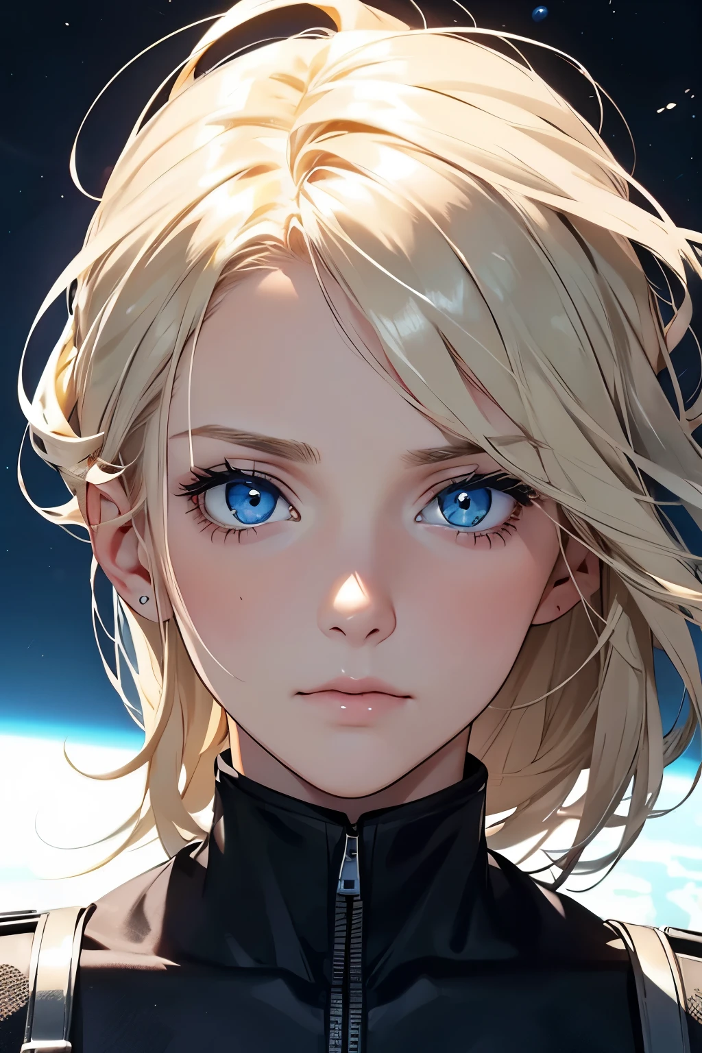 Upper body close-up image. A beautiful woman. Blonde hair and blue eyes. She is looking at the camera with a defiant expression. She is 22 years old. She wears a shiny silver combat uniform. Space behind her