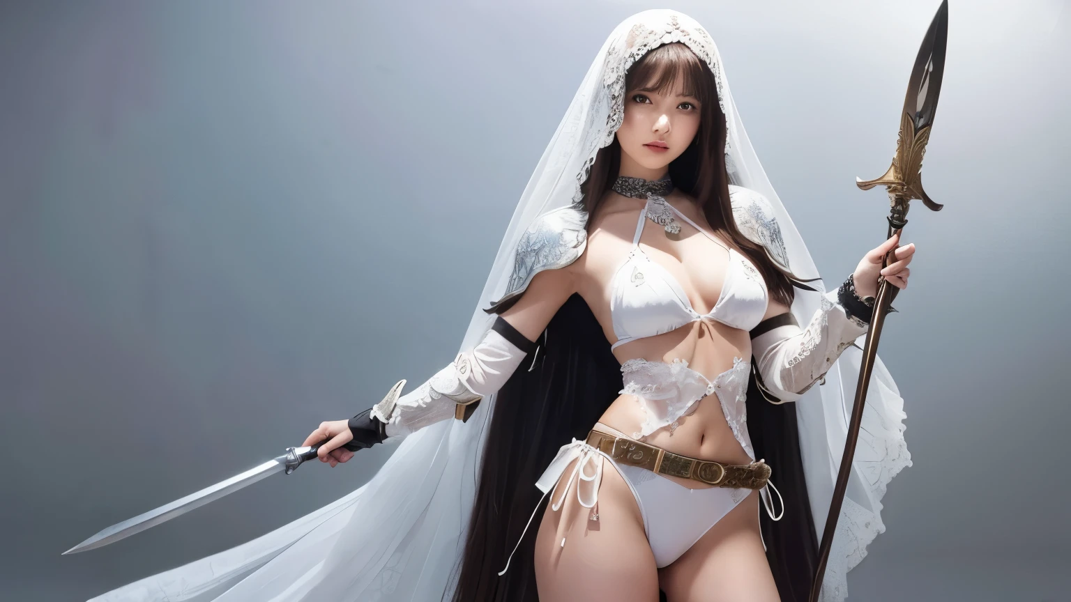 Knight in a white floral bikini、Wearing white armor、Knight with a spear、Western armor at the feet、Medium length hair、White Background、Beauty、Wear a short veil、Big Breasts、Wrap a belt around your waist