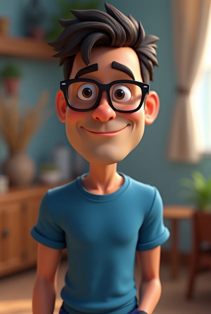 Cartoon character of a man in black glasses and blue shirt, an animated character, stylized character, animation style rendering, 3d stylized, Arnold Maya rendering, Stylized 3D rendering, toon render screenshot, 3d character, 3d character, Stylized 3D rendering, 3D character rendering, cartoon character, Personagem de close up, character posing, (Pixar-style) (master part:1.2) (bokeh) (best qualityer) (skin detailed) (detailed texture) (8k) (Argilla) (cinematic lighting) (sharp focus,Sit down and lift your upper body