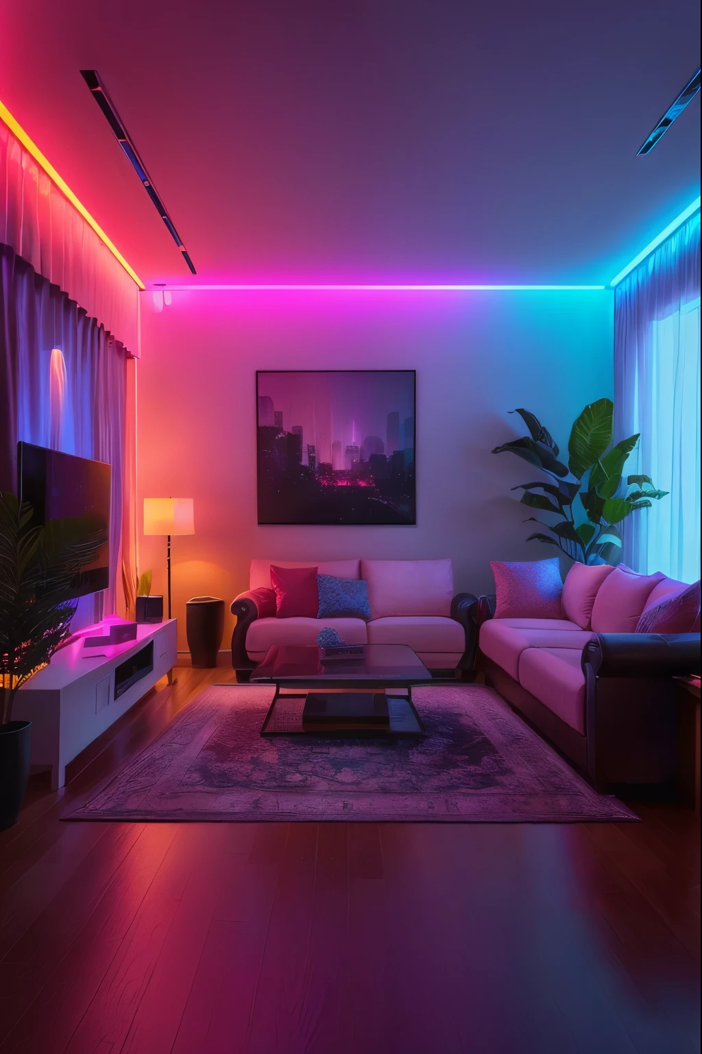 Bright living room with sofa, coffee table, and TV, neon Ambient Lighting, bright Ambient Lighting, 配以Neon lights, Movie atmosphere lighting, Neon lights, Colored Lighting, soft Ambient Lighting, mysterious Ambient Lighting, warm Ambient Lighting, Colored lights, cheerful Ambient Lighting, Beautiful ambient light, Ambient Lighting, LED light strip, Neon atmosphere