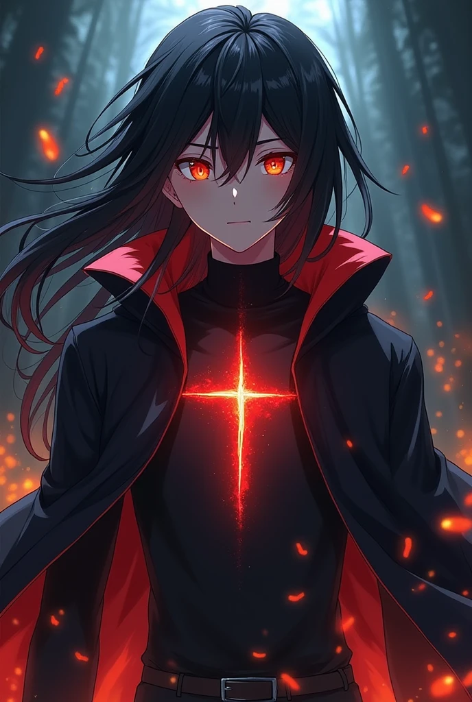 A young-looking male anime character with long black hair, fiery eyes and a cross on his chest.