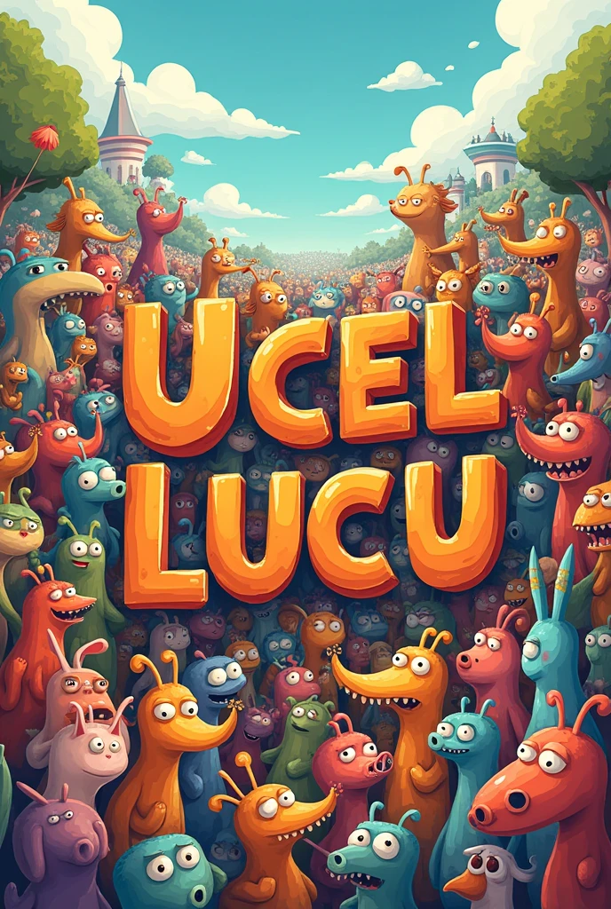 Describe a crowd of people, so that it forms a text "Ucel Lucu"
