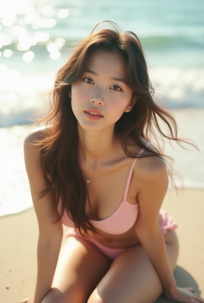 ((best quality, 8K, masterpiece: 1.3)), beautiful korean girl, pure, melon face, kind and cute, light smile, pure desire, slender body, (front), (tilted head), long brown wavy hair, windy hair, long flowing shoulders, round black big eyes, black round glasses, clear big eyes, moist red lips, sweet, crawling on sand of a beautiful beach, backlighting, ((spreading legs:1.5)), blured background, bright lighting, open mouth, pleading eyes, ((((whole body)))), sexy slender legs, small firm breasts, lift your skirt, ((slim muscular body)), (M-legs:1.5), wearing light pink bikini,tilted head, (arms freely behind back)