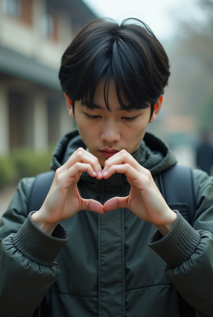 an asian boy, White skin, Antisocial, high , university, making a heart with your hands