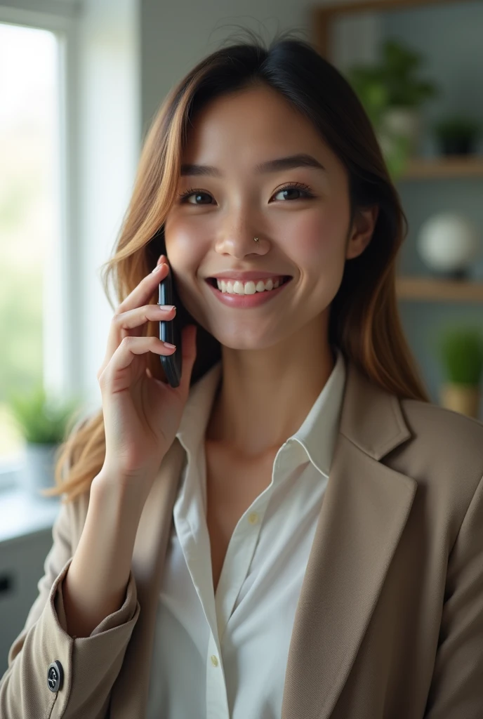 A photorealistic image of a young professional woman holding a smartphone to her ear as if receiving a call. She is smiling warmly and looks engaged in conversation. The woman should be wearing business casual attire, perhaps a blouse and blazer. She is standing in an office or home office setting with soft, natural lighting. The focus should be on her face and the phone, with the background slightly blurred. The image should have high resolution and look like a stock photo or professional photography, not an illustration or cartoon. Also make sure you can see her waist up.  Do no create an Asian women. The woman should be white.  