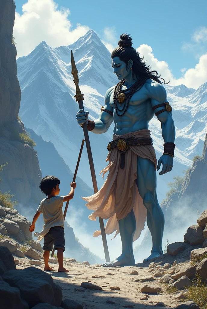 A small boy with medium hair stops lord Shiva from entering into a palace in Himalayas 
Boy has stick with one hand and stops lord Shiva fromm the other hand

