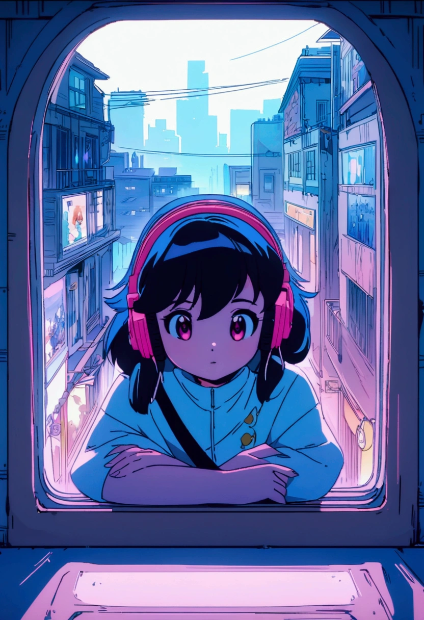 Anime girl wearing headphones looking out the window at the city, Lo-fi Girl, Anime atmosphere, Lofi Artstyle, Anime Style 4k, Anime Aesthetics, Nightcore, Lo-fi feeling, Lofi Art, anime art wallpaper 4k, anime art wallpaper 4k, anime wallpaper 4k, anime wallpaper 4k, An atmosphere of praise, Kaisei and Artgelm