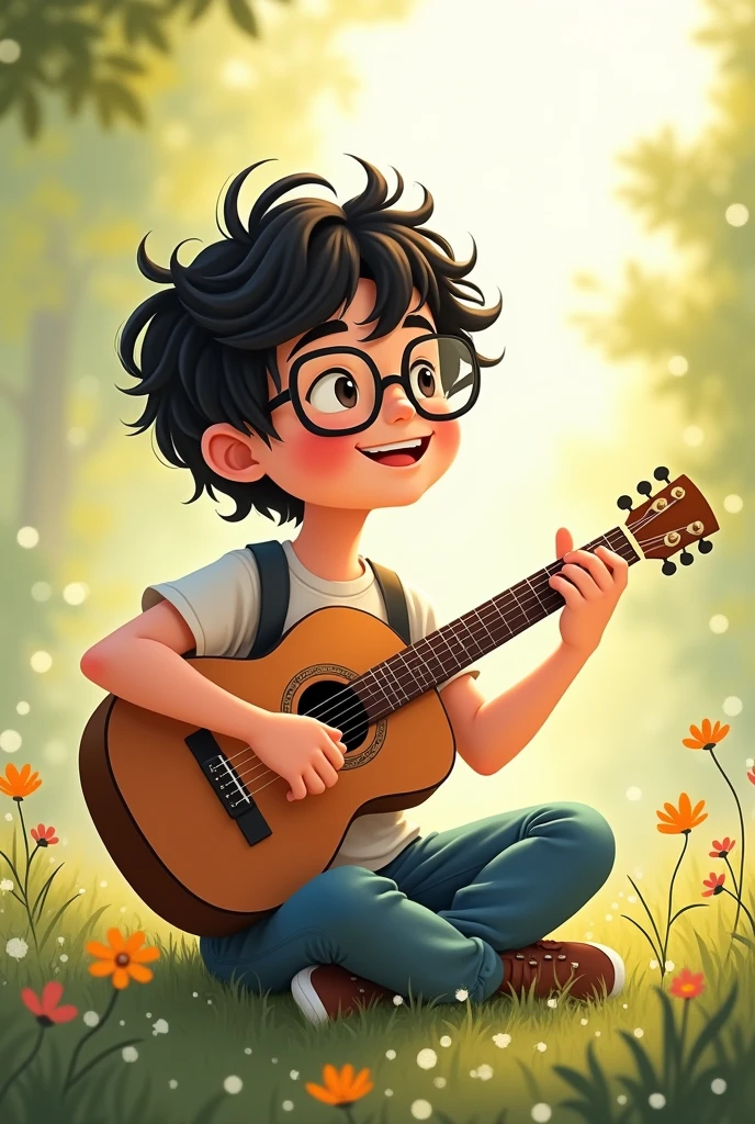 I would like an illustration of a boy with lightly curled black hair that reaches his shoulders, sitting cross-legged with a guitar and smiling and singing happily. I would like him to wear black-rimmed glasses.