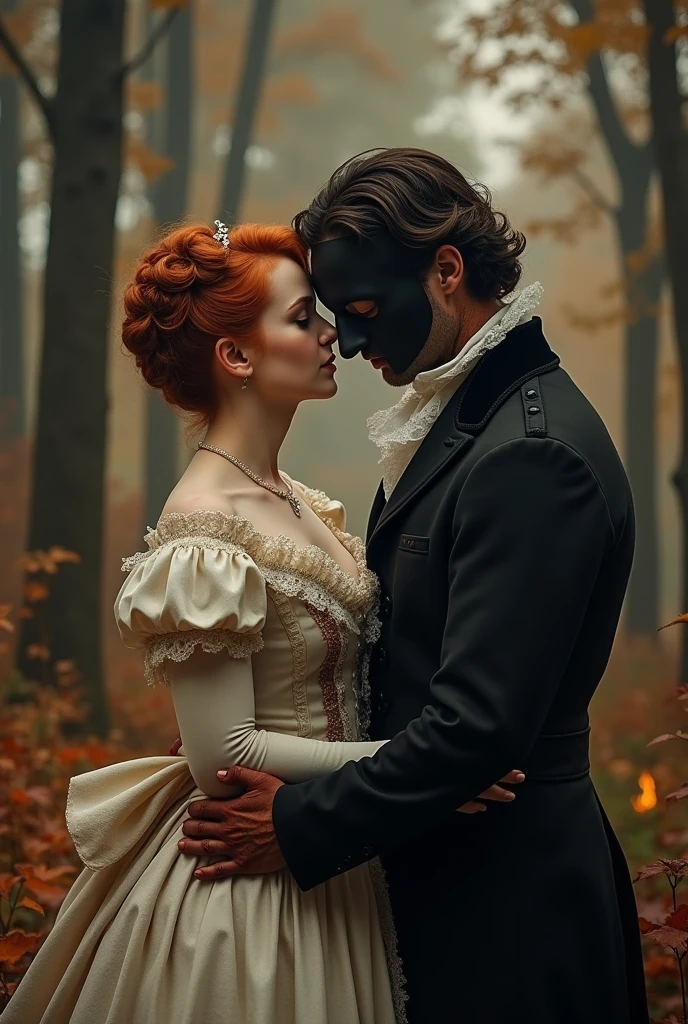 Create a romance book cover for a 19th century couple, redheaded woman, short and chubby woman in elegant period dress man with some burn scars on his neck and wearing a black Phantom of the Opera style mask, dark hair and burns on the hand in the background a forest with some fire elements neutral and warm colors