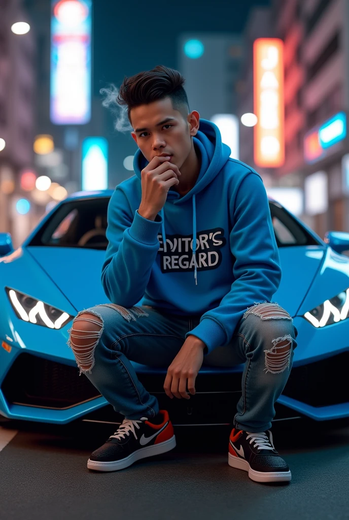 (photorealism:1.2),a 25 year old Indonesian man, Undercut Hairstyle , ripped jeans, nike jordan shoes, wearing a blue hoodie, inscribed "EDITOR'S REGARD", pose sitting and smoking next to a blue Lamborghini sports car, city night background. Real details, hyper realistic, UHD, Photography