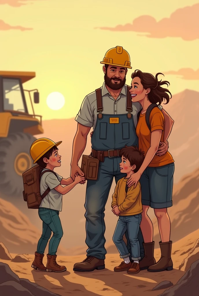 Illustration of a family of a husband who works in mining with his 6-year-old daughter, his 3-year-old son and his wife, the four embraced and loved