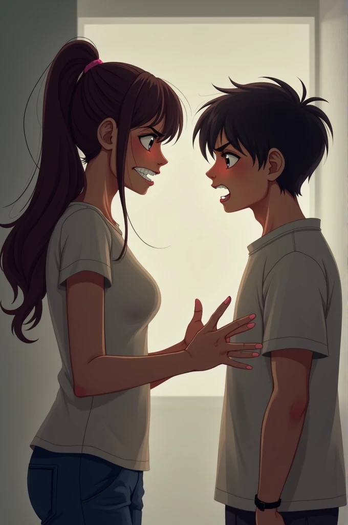An angry girl is insulting her boyfriend while the boyfriend stands with his head bowed down