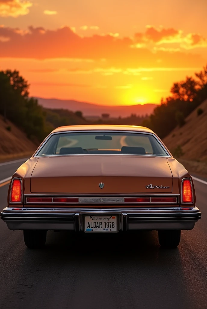 Photo of the rear of the 78 opala in metallic brown, with the license plate ALDAIR 1978 on a road with an orange sunset
