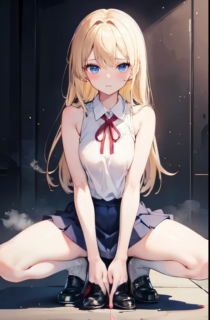 (Highest quality)), ((masterpiece)), (detailed), Natural light,Perfect Anatomy,One Woman, pretty woman,Very sexy,Baby Face,yn,Small breasts,とてもSmall breasts,Woman squatting with knees raised,Spread your legs,
Beautiful woman,8-head body line,Small face,Beautiful Face,Big eyes,Beautiful Eyes,blue eyes,Beautiful double eyelids,Beautiful teeth alignment,Beautiful body lines,Slender body,Beautiful Hands,Beautiful legs,Long hands,Thin legs,Long legs,Long and supple hair,Shiny Hair,Beautiful blonde hair,Full Body Shot,Embarrassed expression,blush,Crying face,mouth half open,Beautiful shoulders,Beautiful clavicle、(Sweat),((Steam 1.4)),Embarrassed expression,blush,humiliation,((White Shirt 1.3)),Sleeveless shirt,Shoulder out,Beautiful shoulders,Beautiful clavicle,Not wearing a bra,Nipples that seem to be visible,(((Valley 1.7))),mini skirt,White socks,Black Loafers,Station platform,Red ribbon around neck,Love juices pooled on the floor,Lots of love juice,