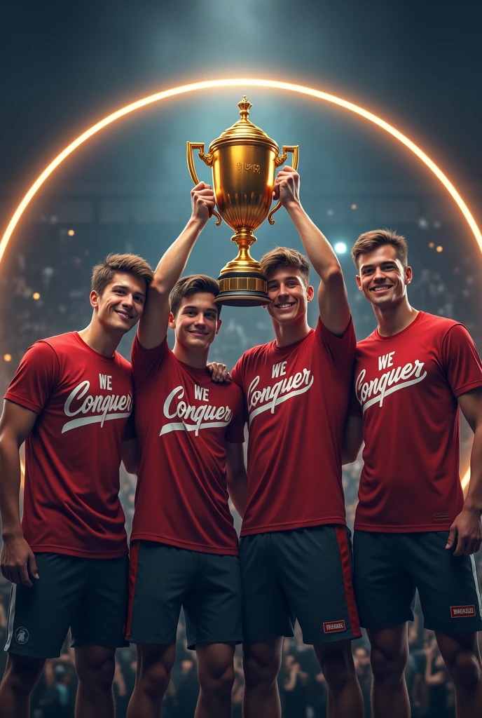In the middle blackground. In the circle Four adult boys are showing pro trophy in small. Four adult boys have different hair colour, different hair style and muscle body. In the background many people are playing battleground game. They are wearing expensive t-shirt and writing "We Conquer".