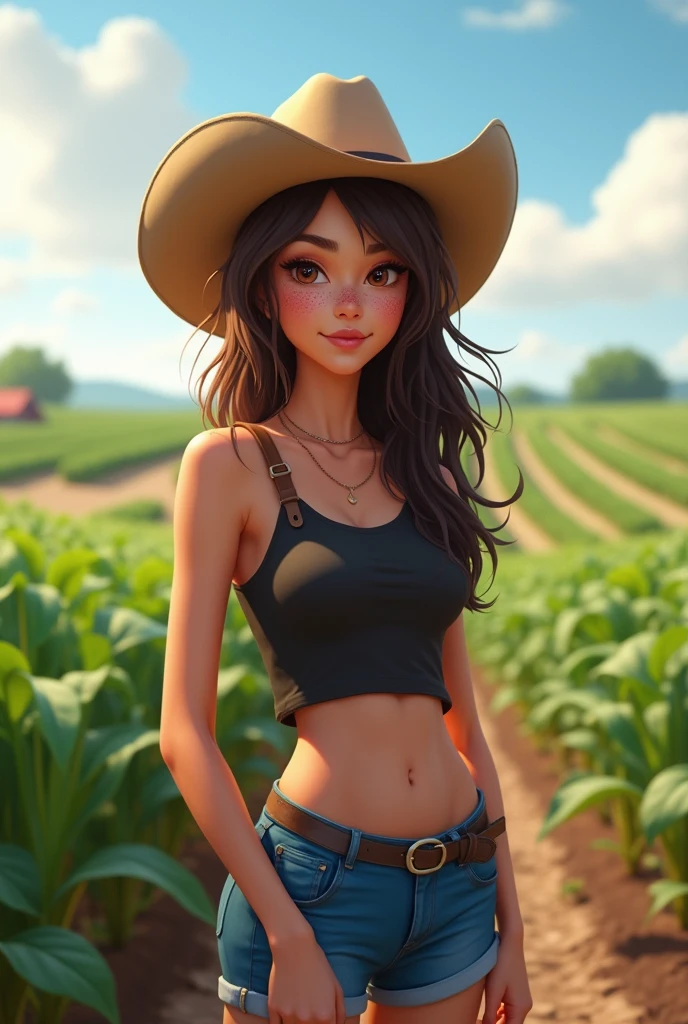 Brunette Farmer women, blue shorts, black armless loose crop top, cowboy hat, freckles, round face
standing on farmland