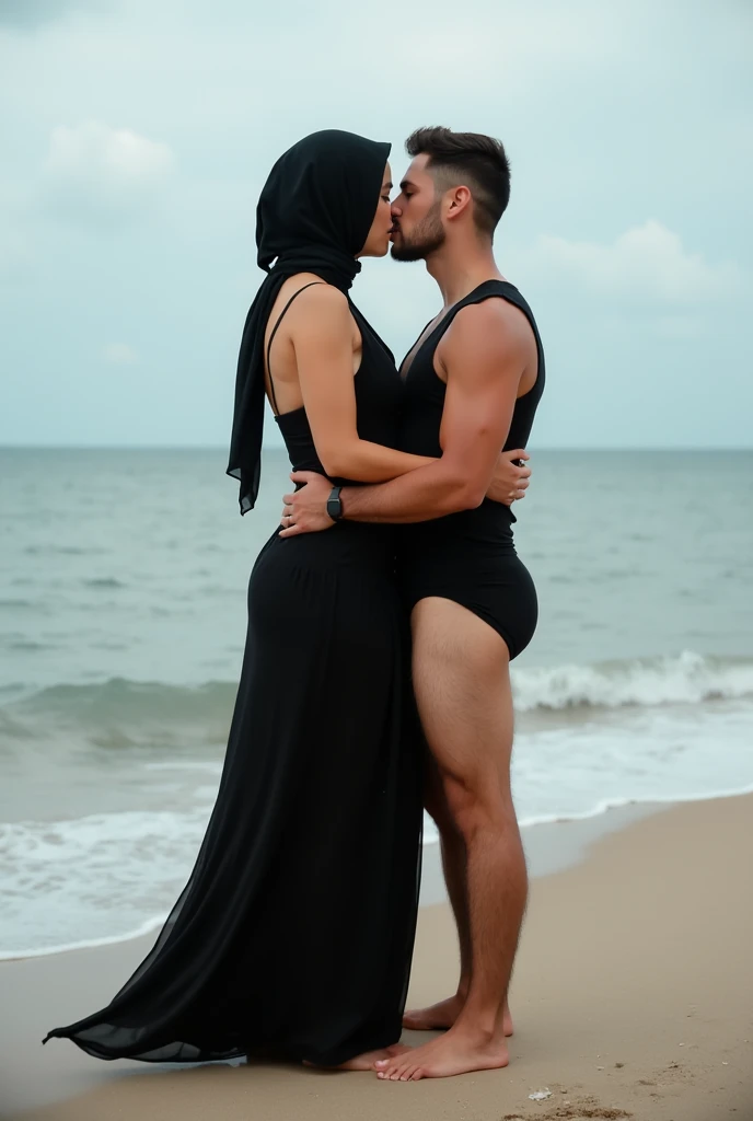 with black headscarf , black skirt,open . Sexy woman wearing shoes kissing her boyfriend on the beach