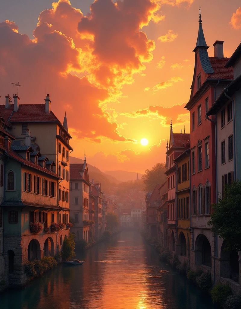 masterpiece,best composition,impressionistic painting,cinema style,summer landscape,medieval european cityscape,sunset between buildings,orange clouds,fantastic and breathtaking,restful and beautiful view.