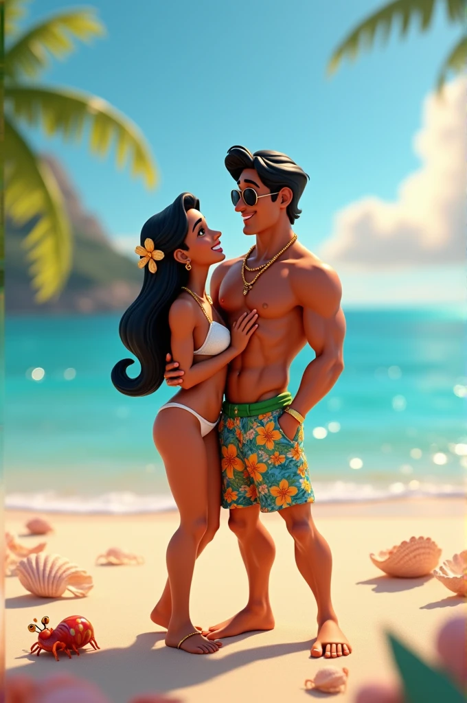 A stunning 3D render of Disney's Aladdin and Jasmine, captured in a cinematic moment of blissful happiness after their refreshingseaside adventure. Jasmine, clad in a modern, small white bikini, exudes a joyful, bohemian charm and a hint of playfulness. Aladdin, wearing a vibrant Hawaiian print swimsuit and sunglasses, showcases his charismatic and playful nature. Their connection and love are evident as Jasmine gently caresses Aladdin's cheek. Their beach setting, adorned with charming details like clam shells and a small hermit crab, creates a magical atmosphere. The vast, sun-lit ocean serves as a breathtaking backdrop, capturing the essence of their idyllic paradise., 3d render, cinematic, conceptual art, vibrant