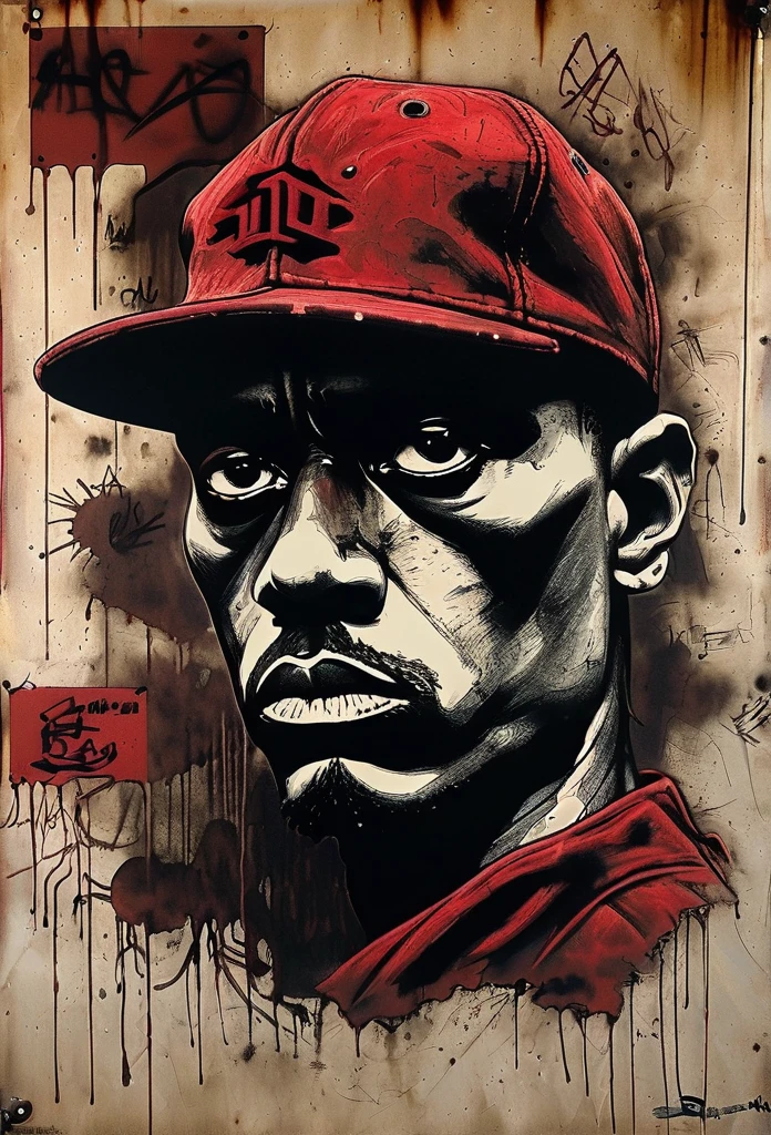 (Gangsta Rap Old School Rap 1990) Graffiti on the wall, Abandoned warehouse, granular, Sepia, Spooky environment, Dark Red. Creepypasta - Rappers wearing baseball caps, A spooky look from the shadows. style:Charlie Boyett, Albert Joseph Penaud, Dariusz Zawadzki. tetsuya ishida. Zdzislaw Beksiński. Patrizia Piccinini. Mark Powell. Sven 37. Liquid ink painting,Splash Ink, アンナ・ダイエットマンのstyle,Garbage Boy,, Ink Art, Side view,ヒップホップファッションデザインstyle