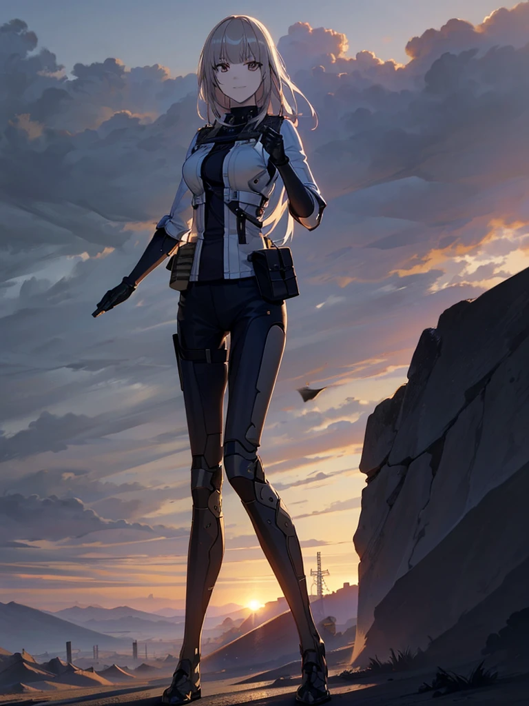 Skyline, sunset, Silhouette against a cloud background, meditation. Watching the beautiful sunset, sunset時に, sunset時, sunsetとともに, In the sunset, Nice views, Sunset view, With the sunset, sunset時に, During Golden Hour, looking sunset時に, Sunset in the background, Watching the sunset, In the spotlight, holding_gun, assault_rifle, Very detailed, Brown Hair, Long Hair, Anime Style, whole body, alone, Stylish Gunfighter Girl, Holding a steampunk long barrel pistol,Standing in the wasteland, 8K high resolution, White Background, The background is a dark and desolate landscape, Horror movie atmosphere. Her figure is very beautiful, Emphasizing the dark and crazy elements. Skillfully expressing the effects of light and shadow