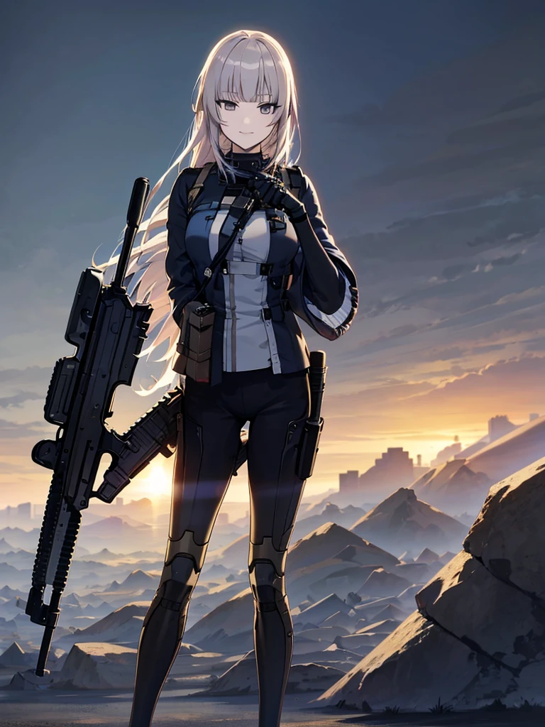 Skyline, sunset, Silhouette against a cloud background, meditation. Watching the beautiful sunset, sunset時に, sunset時, sunsetとともに, In the sunset, Nice views, Sunset view, With the sunset, sunset時に, During Golden Hour, looking sunset時に, Sunset in the background, Watching the sunset, In the spotlight, holding_gun, assault_rifle, Very detailed, Brown Hair, Long Hair, Anime Style, whole body, alone, Stylish Gunfighter Girl, Holding a steampunk long barrel pistol,Standing in the wasteland, 8K high resolution, White Background, The background is a dark and desolate landscape, Horror movie atmosphere. Her figure is very beautiful, Emphasizing the dark and crazy elements. Skillfully expressing the effects of light and shadow