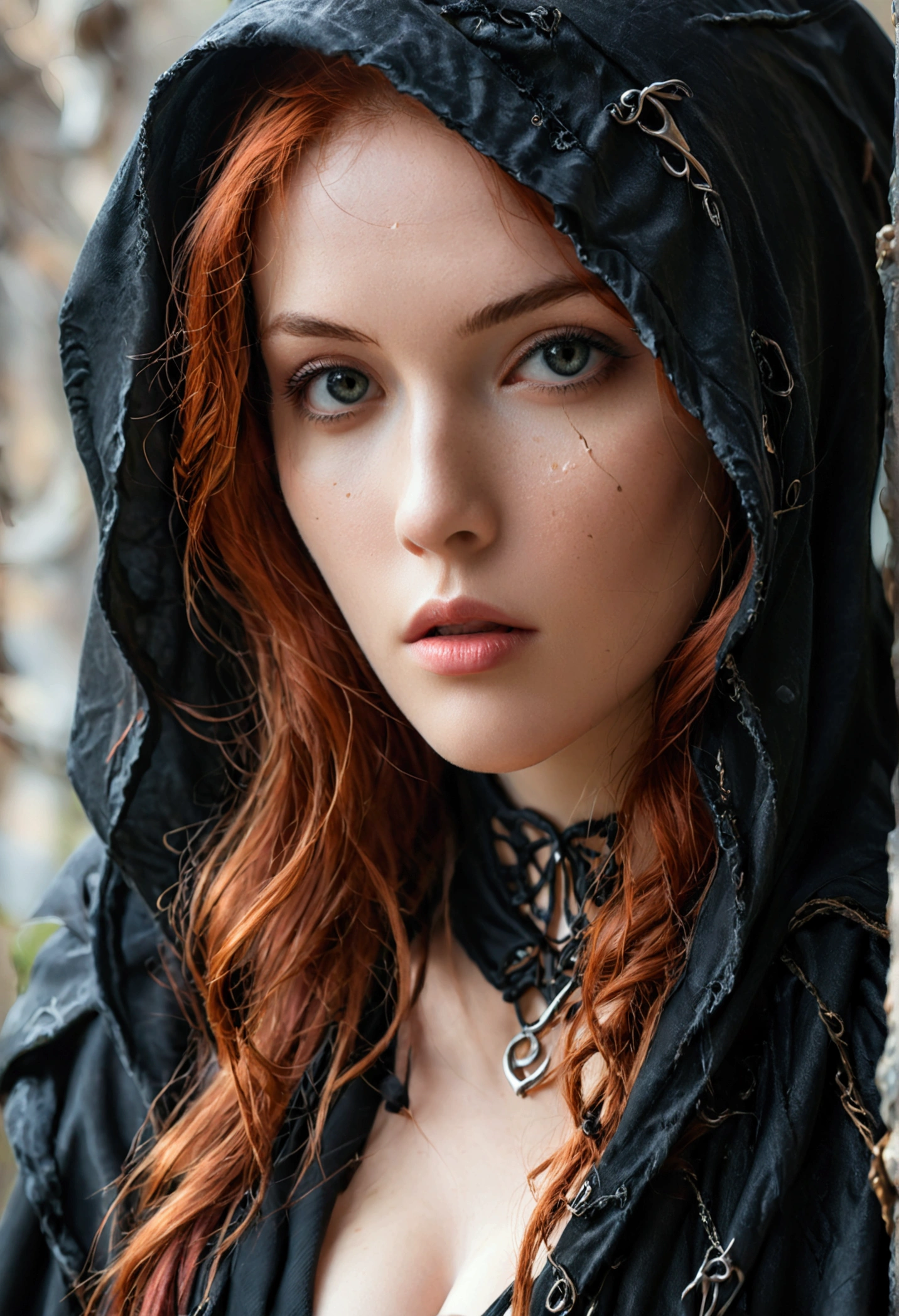 (full body shot:1) photorealistic image of a (standing pose:1) ultrarealistic, photography, long red hair, woman, 24 years old, hourglass figure, perfect body, seductive look, natural medium breasts, blur background, female grim reaper cosplay, cleavage, big sythe,