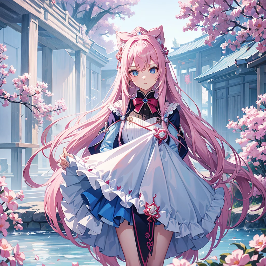 Woman with long pink hair and blue eyes. Cute white adventurer outfit with purple details and red bow ((estilo genshi impact)) white flowers with a single blue petal. Background scenery cellar of dawn Genshi impact statue of the seven anemo