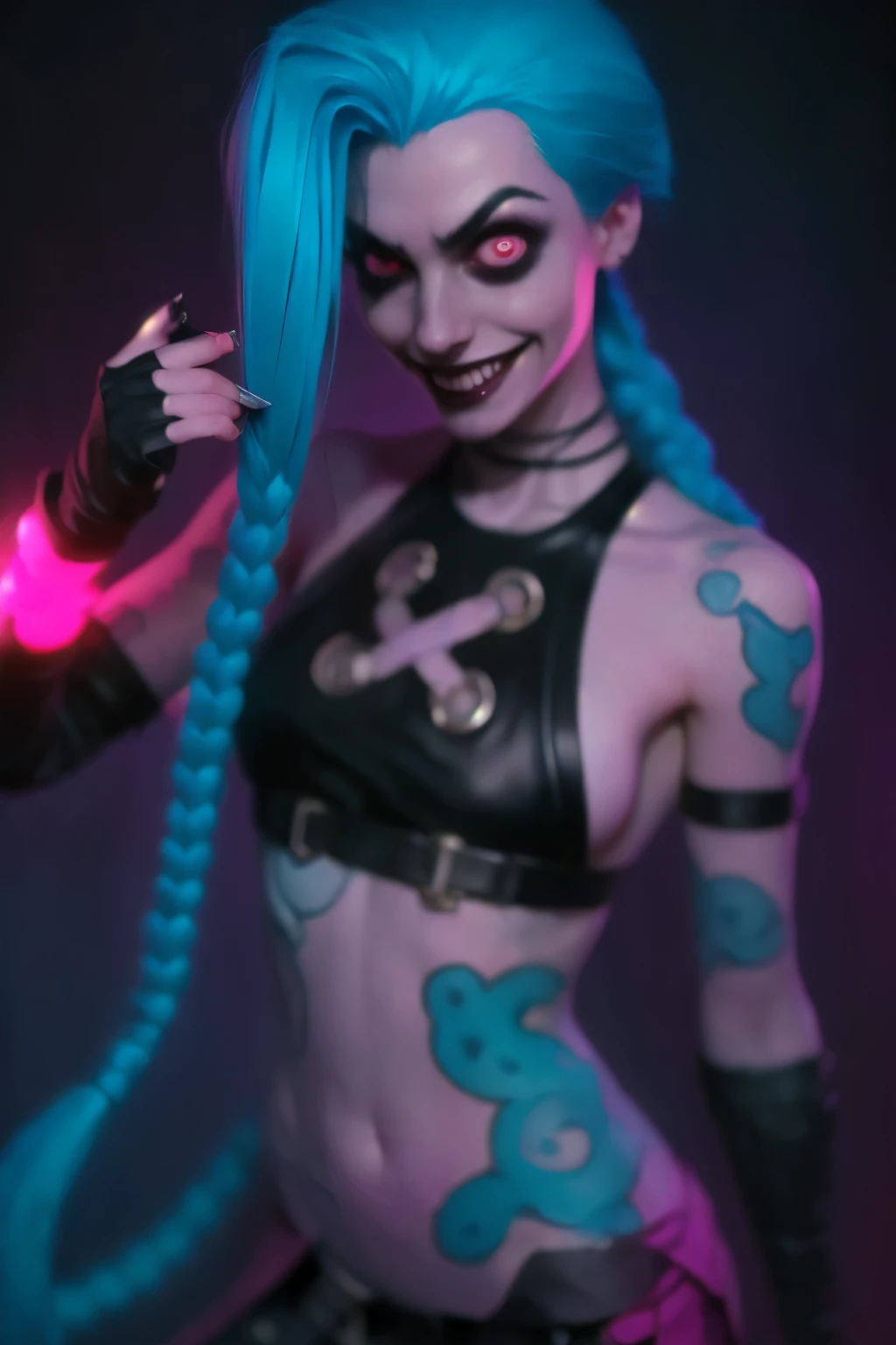 Hyper realistic super detailed Jinx cosplay ,(( Young girl, 15 years old)) , Very detailed, (hyper realistic: 1.4), ((in dynamic pose holding a pistol on hand)) , ((angry face)) , twin braids, long hair, blue hair, red eyes, (((blue tattoo on arm))) , ((skinny body)) , (((psycho face, creppy smiling) )), arcane style. ((Grunge Neon grafitti background, cinematic lighting)).